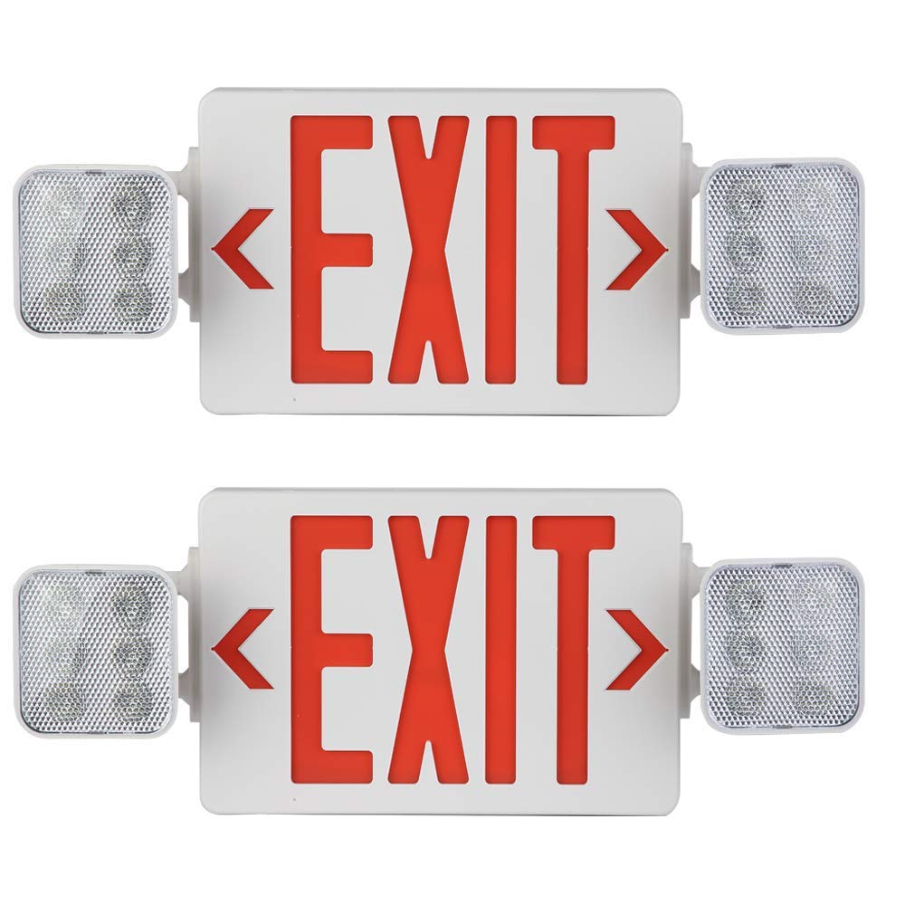 commercial Emergency Light Exit Sign, 2-Pack, Exit Combo With Battery Backup, 2 Led Adjustable Heads