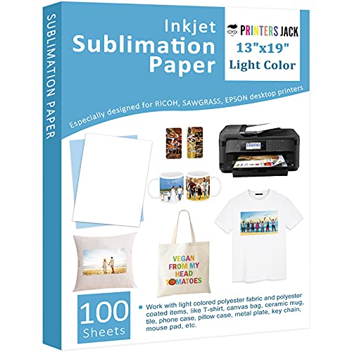 Printers Jack Sublimation Paper 100 Sheets 13" x 19" for Any Epson Sawgrass Inkjet Printer with Sublimation Ink for T-shirt, Ceramic, 