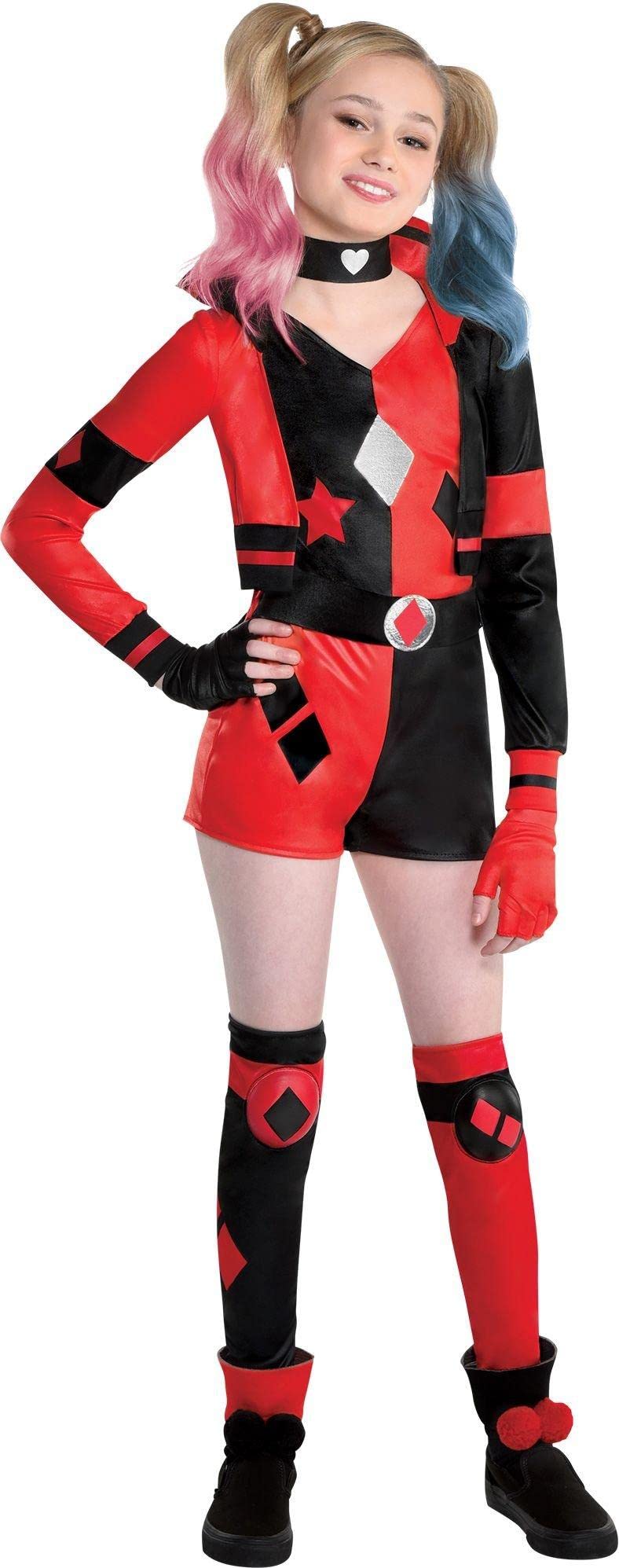 Party City Party city Harley Quinn Halloween costume for girls, Dc comics,  Extra Large, With Romper, choker, gloves and Leg Warmers