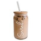 ModParty Personalized Iced coffee glass with Bamboo Lid & Plastic Straw, 16  oz can Shaped coffee cup, custom Holiday gift Idea for Women