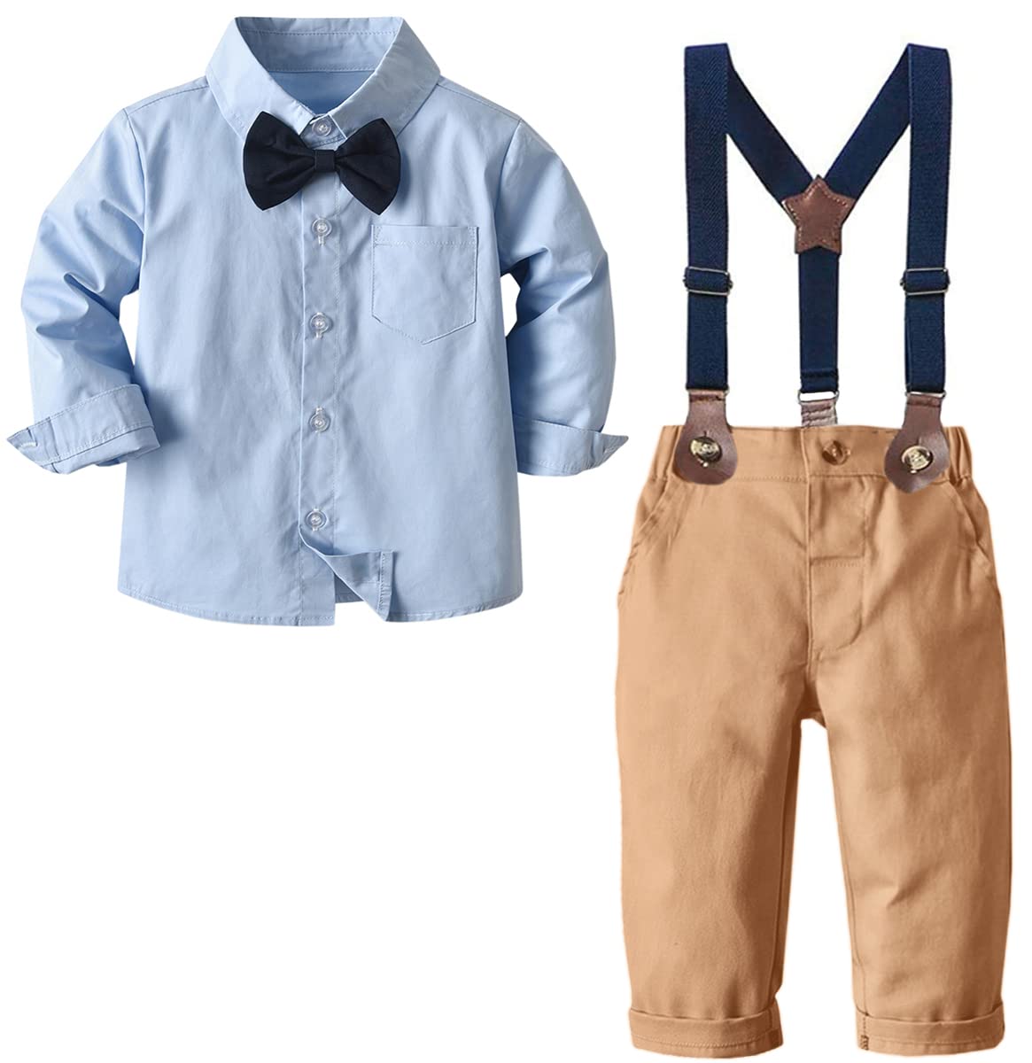 SANgTREE Baby Boys clothes, Long Sleeves Dress Shirt and Suspender Khaki Pants Set Tuxedo gentlemen Outfit with Bow Tie 