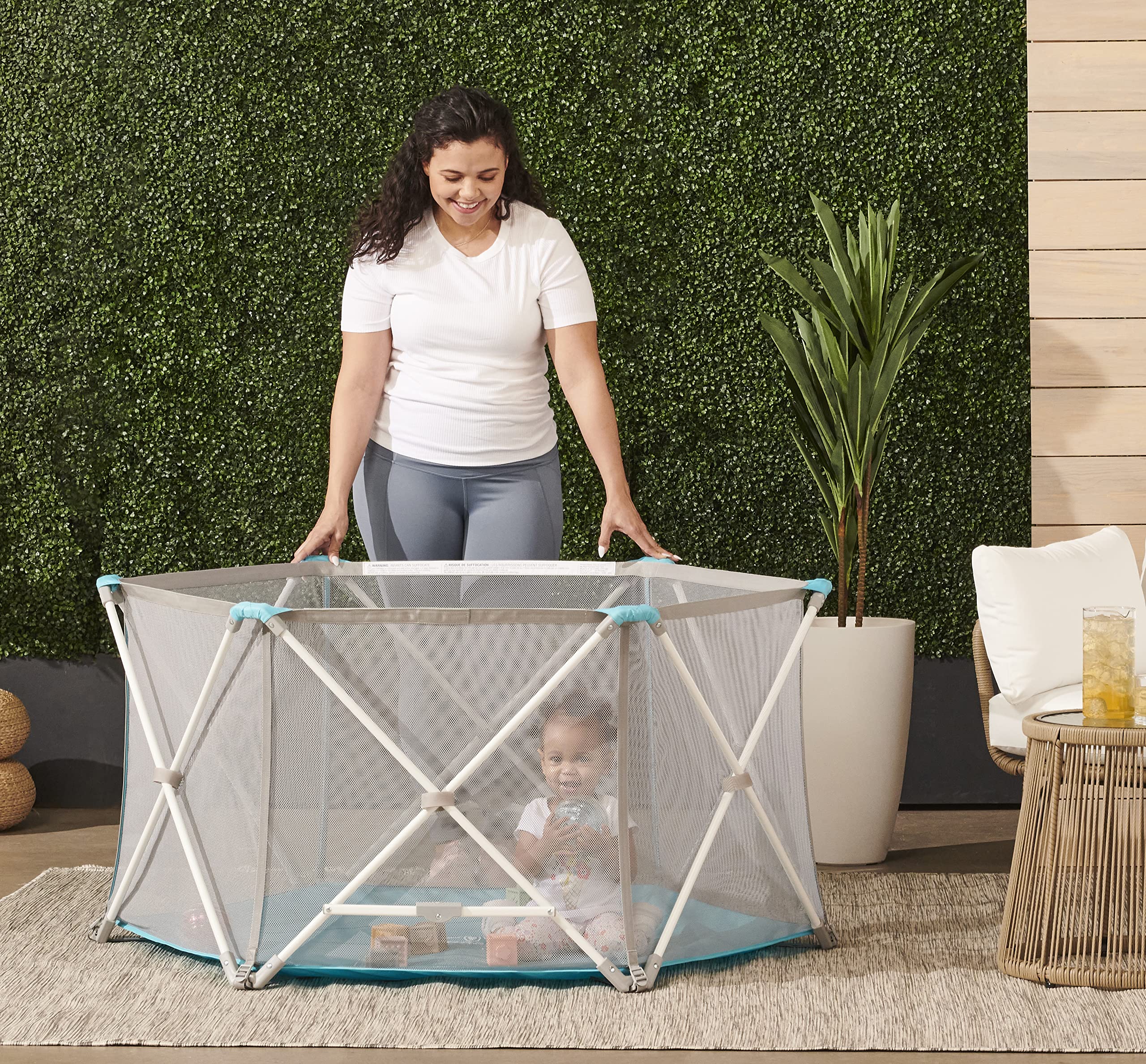 Regalo My Portable Play Yard Indoor and Outdoor, Washable, WhitegrayTeal, 6-Panel