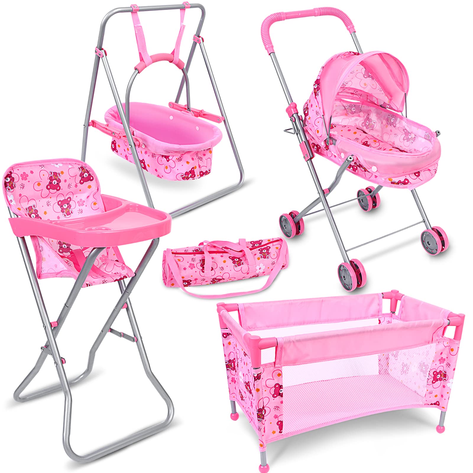 XIDAJIE Baby Doll Stroller Set Fits 16 Dolls - 4 Pcs Deluxe Baby Doll Playset With Doll Stroller,Baby Doll Crib,Doll High Chair,