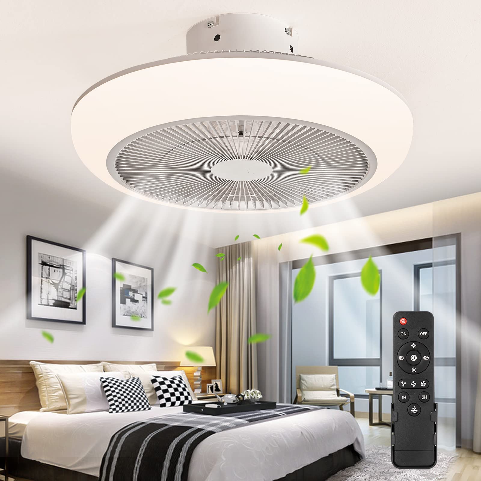 YAMAFOO Modern Bladeless ceiling Fan with Light, 18in Fan Light with Remote control, Enclosed Low Profile Fan Light, Flu