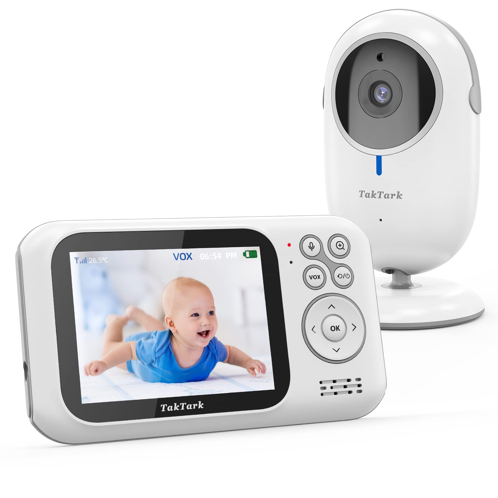 TakTark Baby Monitor with camera and Audio, TakTark Video Baby camera Monitor No WiFi, 2 Way Audio, Infrared Night Vision, Digit