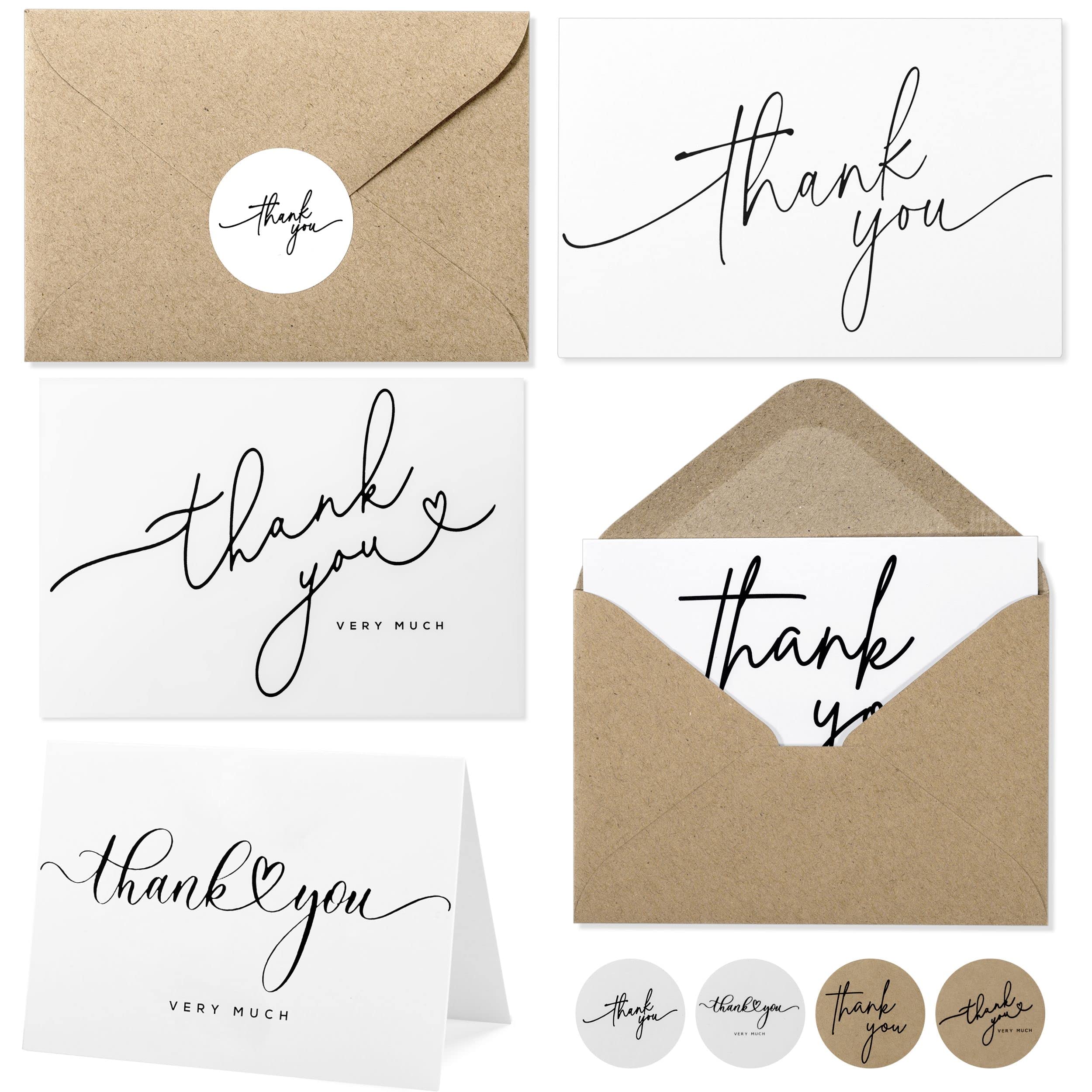 Layneria 100 Bulk Thank You cards with Kraft Envelopes and stickers - 4 Minimalistic Designs Blank Thank You Notes with Envelopes for bus