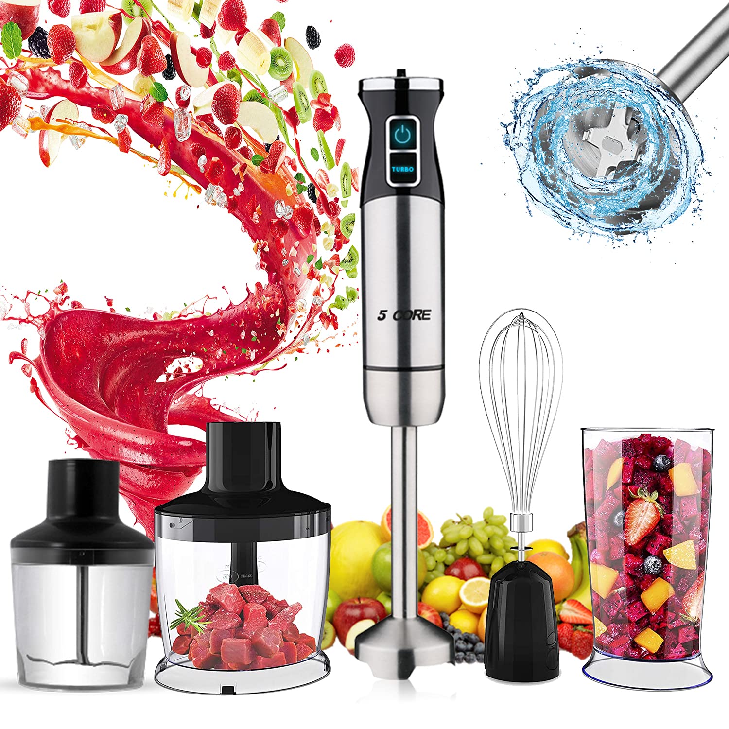 5 core Immersion Hand Blender 5-In-1 500W Handheld 8 Variable Powerful Stainless Steel BPA Free Stick Blender with Electric Whis