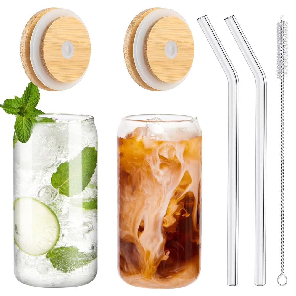 WISIMMALL Drinking Glasses with Bamboo Lids and Glass Straw 2PCS Set, 16oz Glass Cups with Lids and Straws, Beer Glasses, Iced C