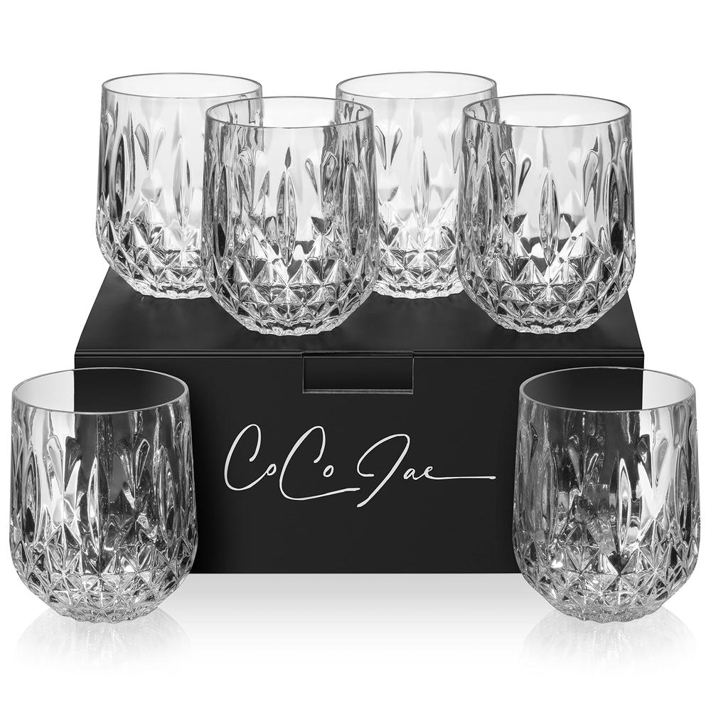 CoCoJae Plastic Stemless Wine Glasses, 12 Oz Whiskey Tumblers, Reusable Lowball Cocktail Glasses, BPA-Free, Dishwasher Safe Rock