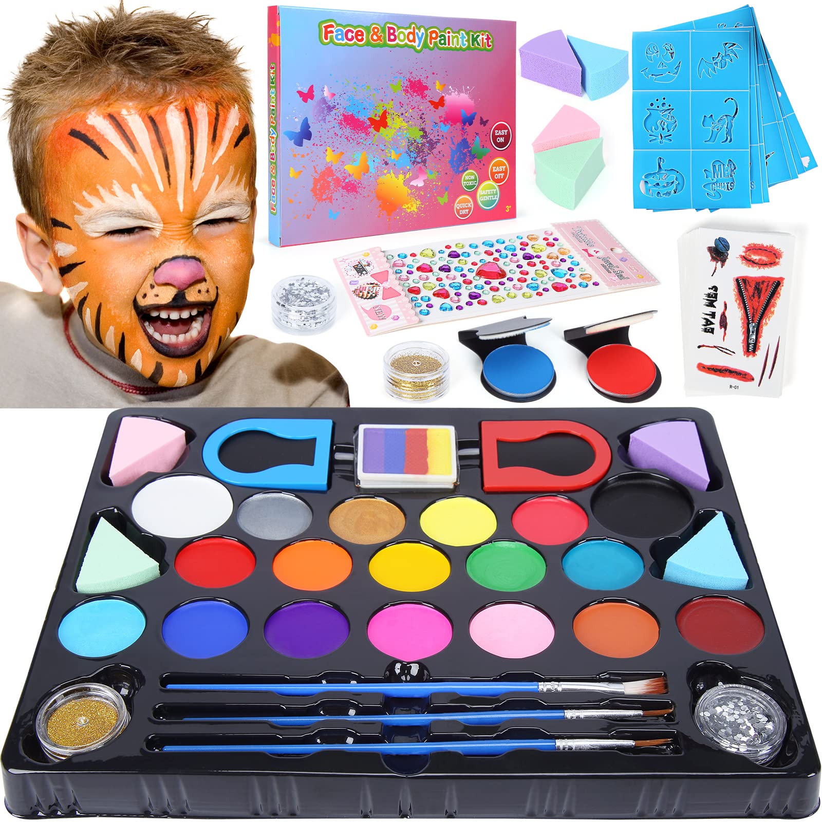 Wpond Face Painting Kit, Face Body Paint Stencils for Kids, Halloween  Christmas Makeup Kit for Adults with Tattoo Stickers, Template