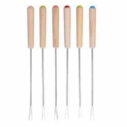 Hoshen 6PcS Wooden Handle Stainless Steel chocolate Fork Fondue Fork cheese Fruit Dessert Fork Barbecue Fork Kitchen Tool (6 col