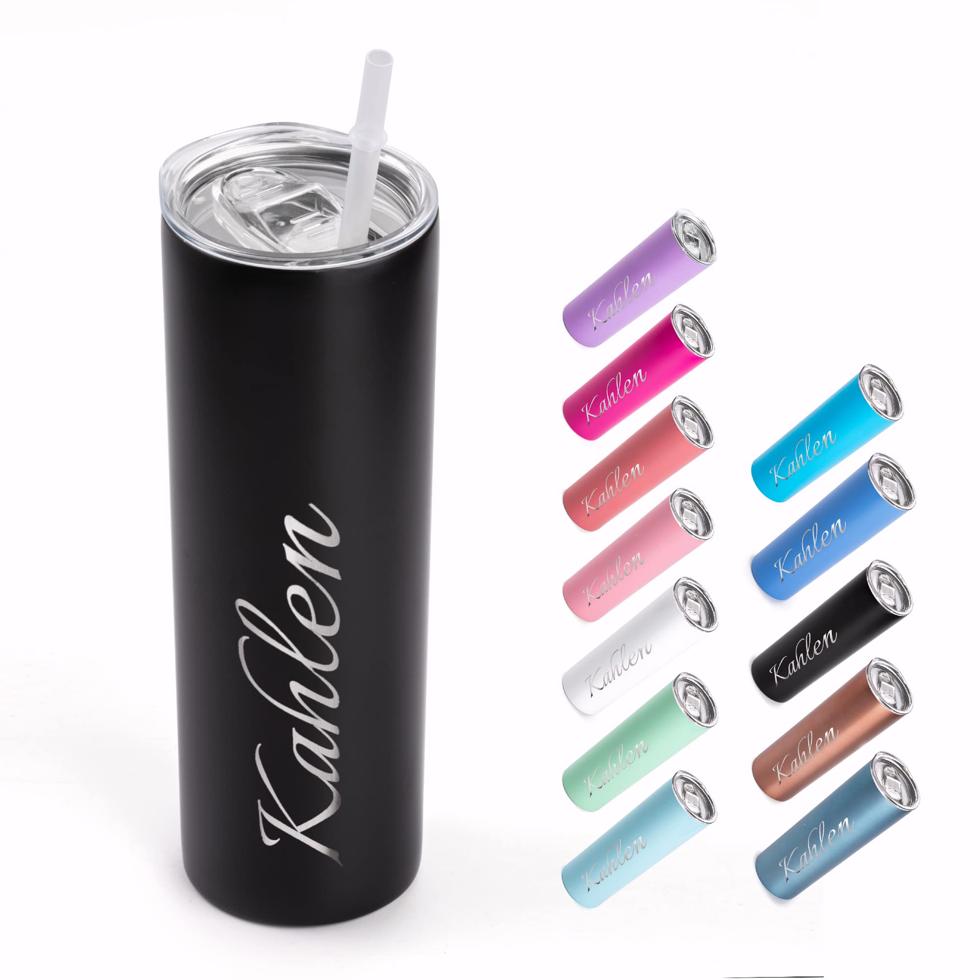 RUBIN Personalized Tumbler - Laser Engraved - 20oz Stainless Steel Skinny Tumbler - Includes Straw and Lid - Vacuum Insulated gift for
