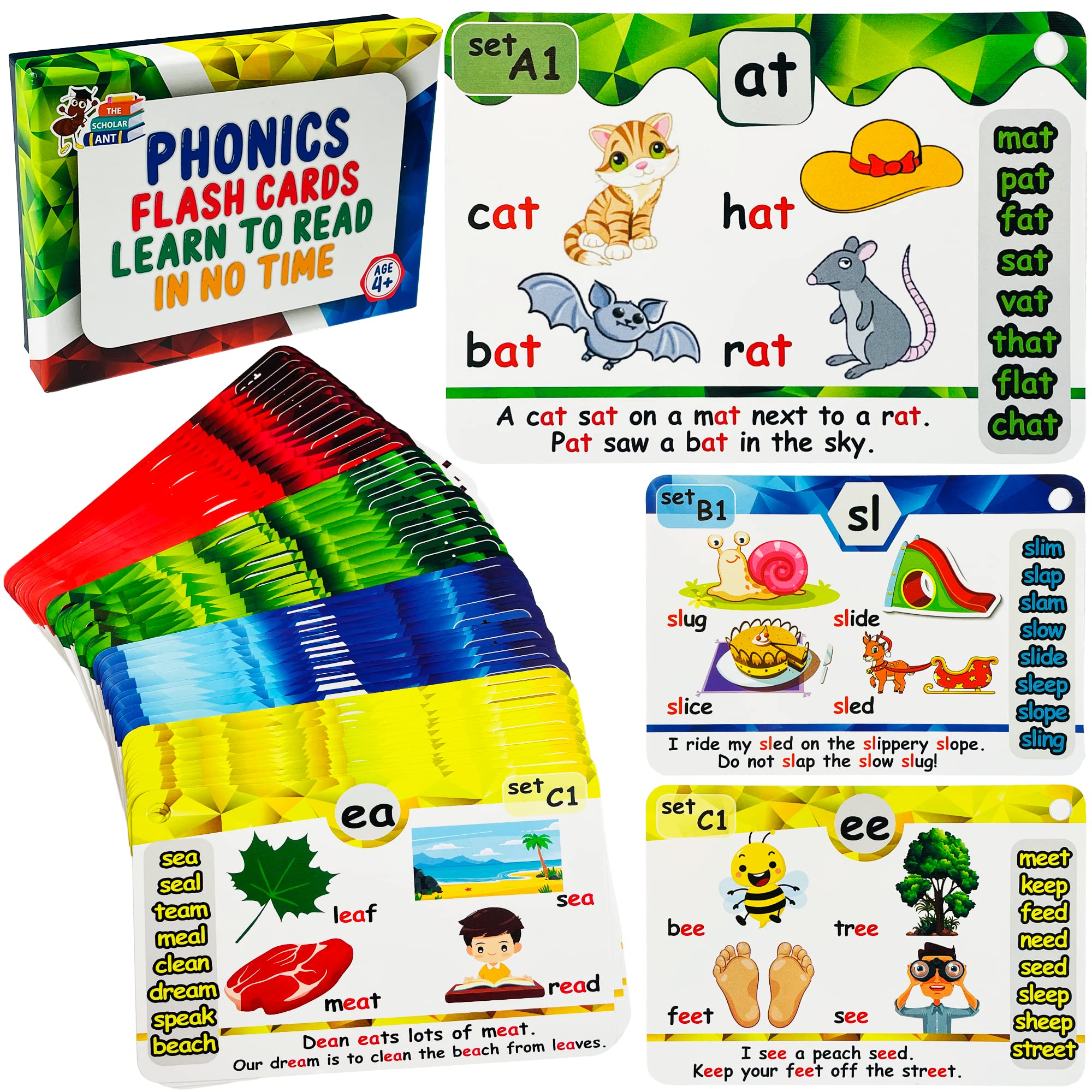 The Scholar Ant Phonics Flash cards - Learn to Read in 20 Phonic Stages - Digraphs cVc Blends Long Vowel Sounds - Phonics games for Kids Ages 4-