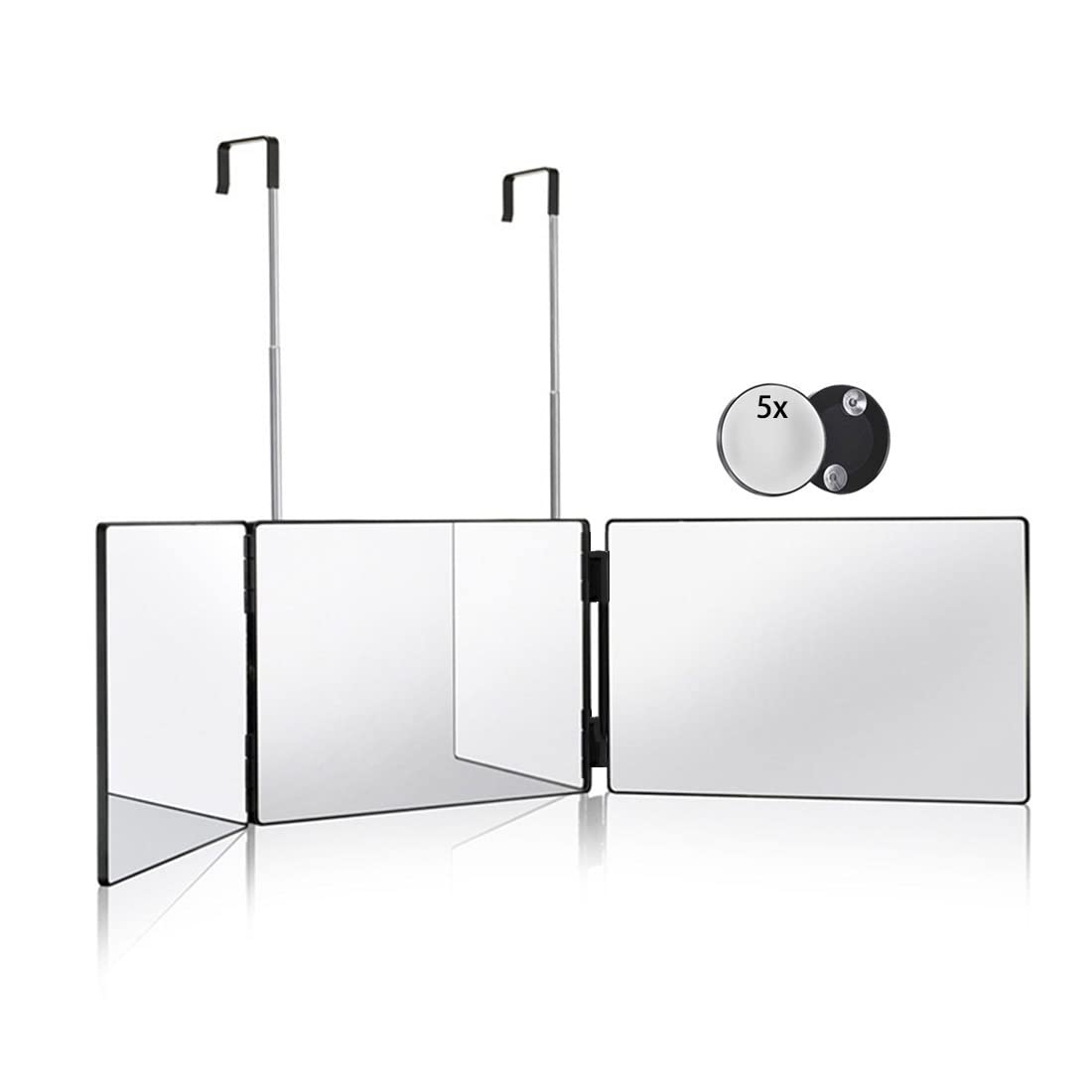 HIEEY 3 Way Mirror for Hair cutting,360 Trifold Mirror with Height Adjustable Telescoping Hooks,and 5X Magnification Mirror,for 