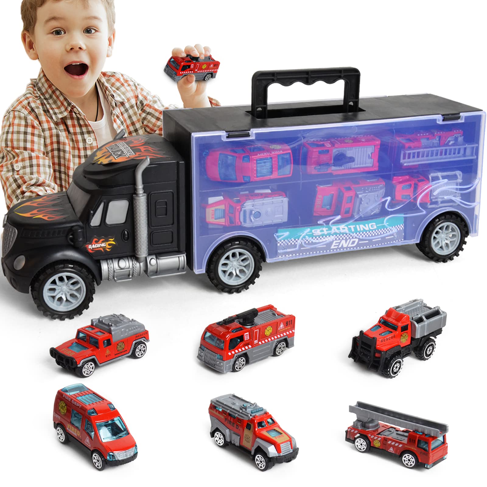Sethland Trucks Toys for Boys, carrier Truck cars with 6 Small Fire Trucks, Trucks Transport Vehicles cars Toys Set for 3-8 Year