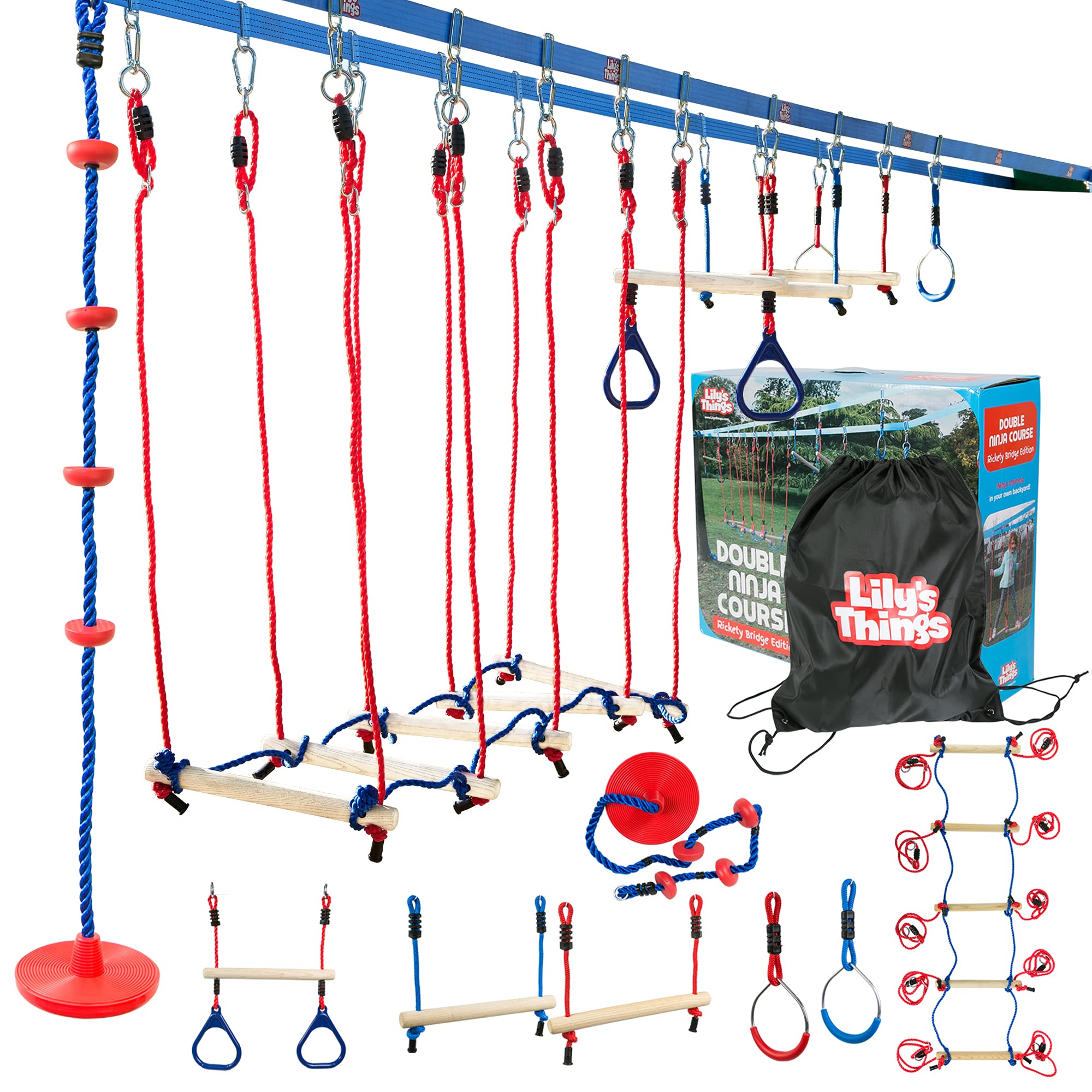 Lilys Things Ninja Slackline Obstacle course for Kids - 80 Foot Line - Monkey Bars Playground Equipment - Ninja Warrior course with Monkey Ba