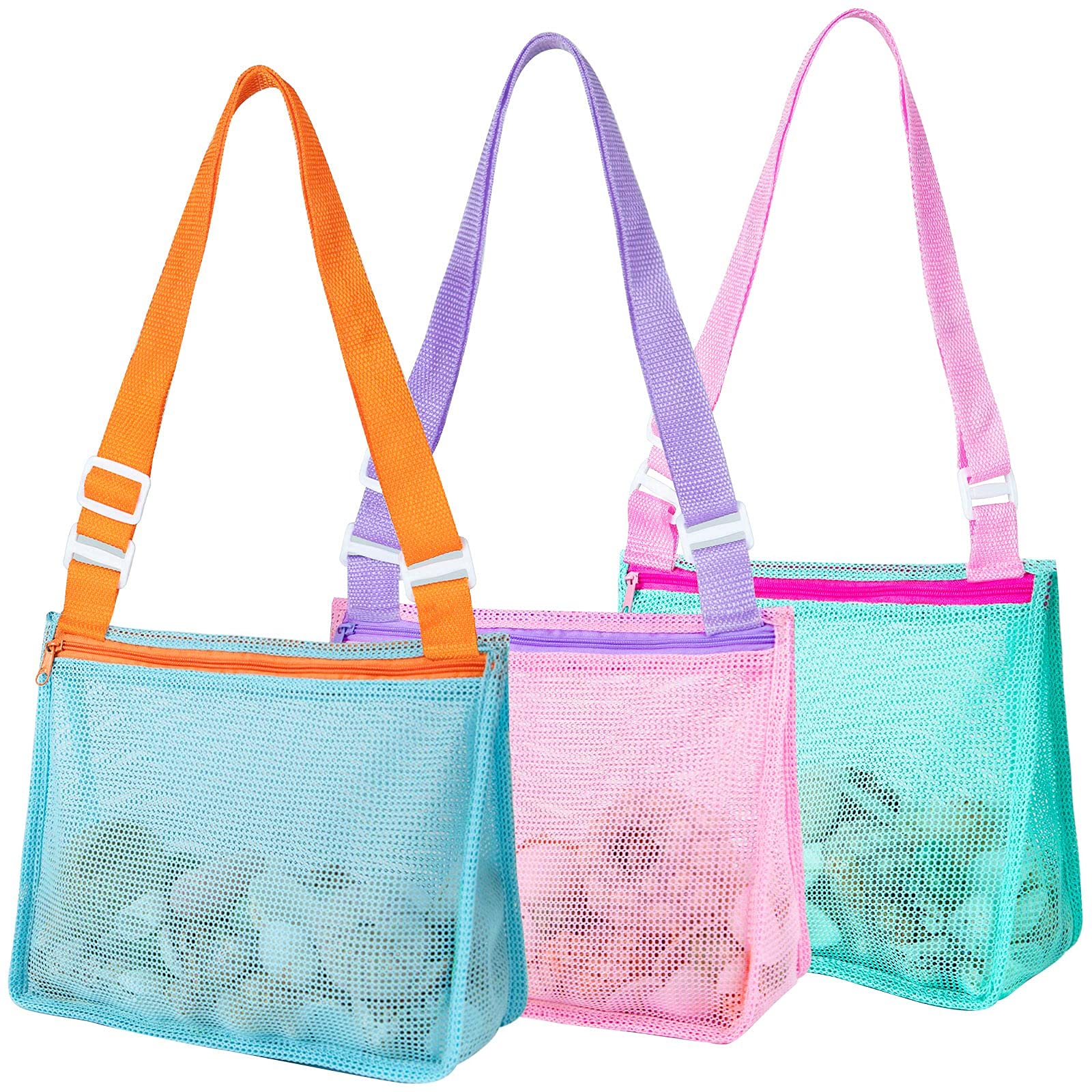HFXXAD Beach Toys Shell Bags, Kids Shell collecting Bag Beach Sand Toy Totes for Holding Shells Beach Toys, 3 Pcs colorful Mesh Beach B