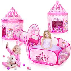 geerWest 3Pc Princess Tent for girls with Kids Ball Pit, Kids Play Tents and crawl Tunnel for Toddlers, Pink Pop Up Playhouse To