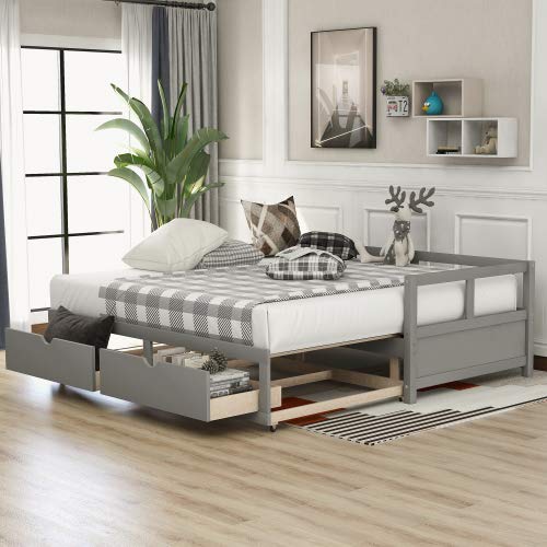 KLMM Extendable Daybed with Two Storage Drawers, Twin/King Size Foldable Daybed Solid Wood, Roll Out Trundle Accommodate Twin Si