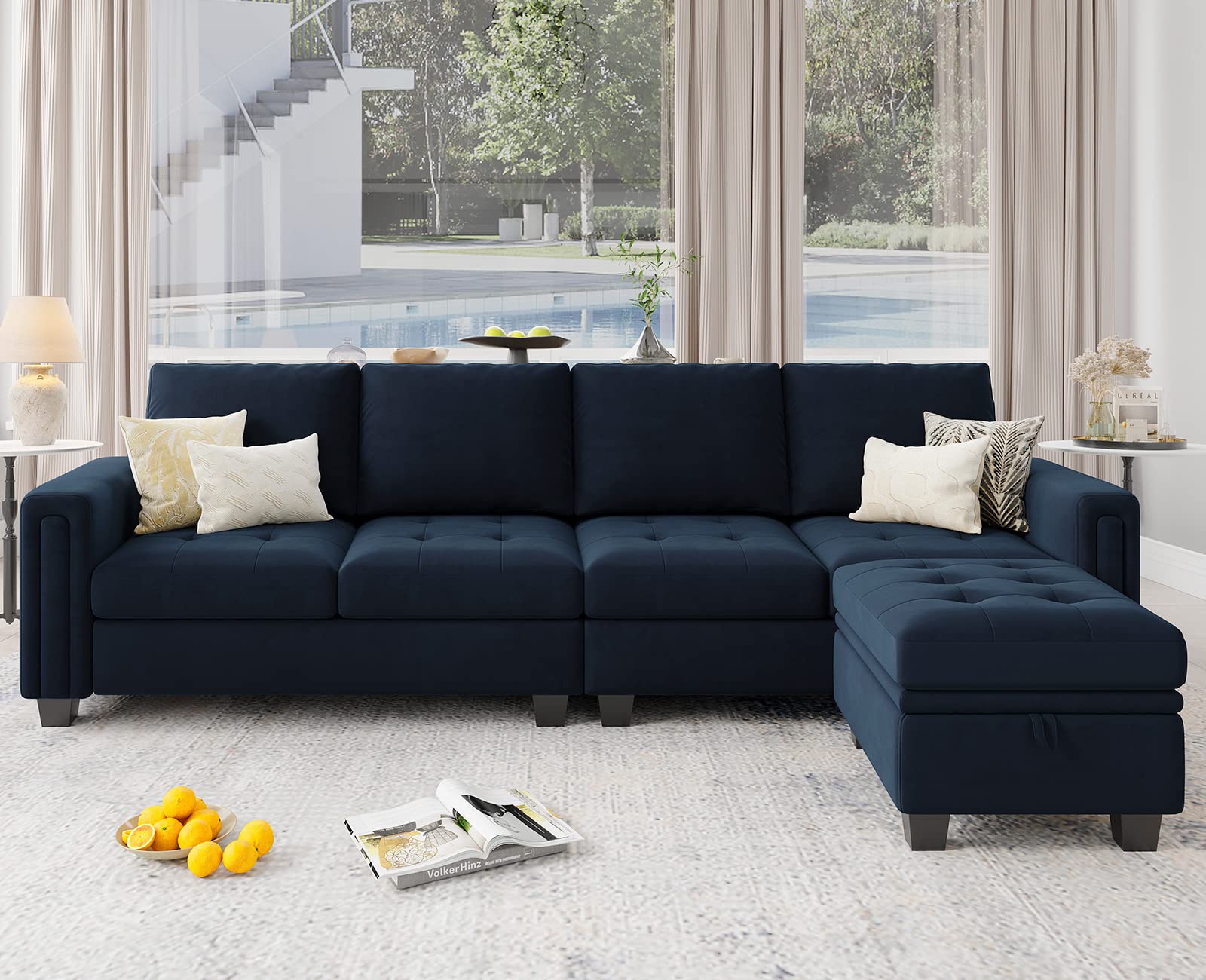 Belffin Velvet Reversible Sectional Sofa with Chasie Convertible Sectional Couch with Storage Ottoman L Shaped 4-seat Sectional 