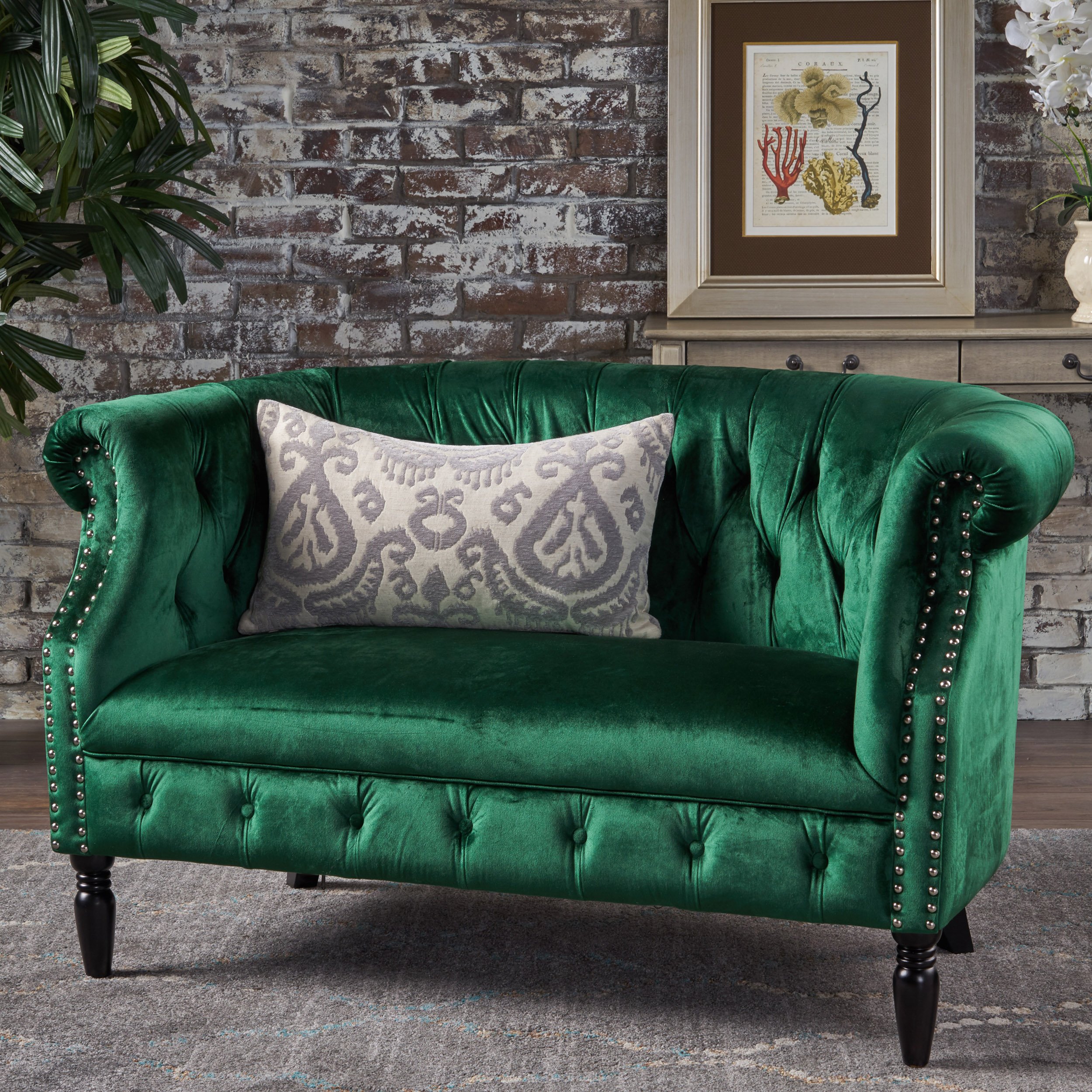 great Deal Furniture Melaina Tufted chesterfield Velvet Loveseat with Scrolled Arms, Emerald and Dark Brown
