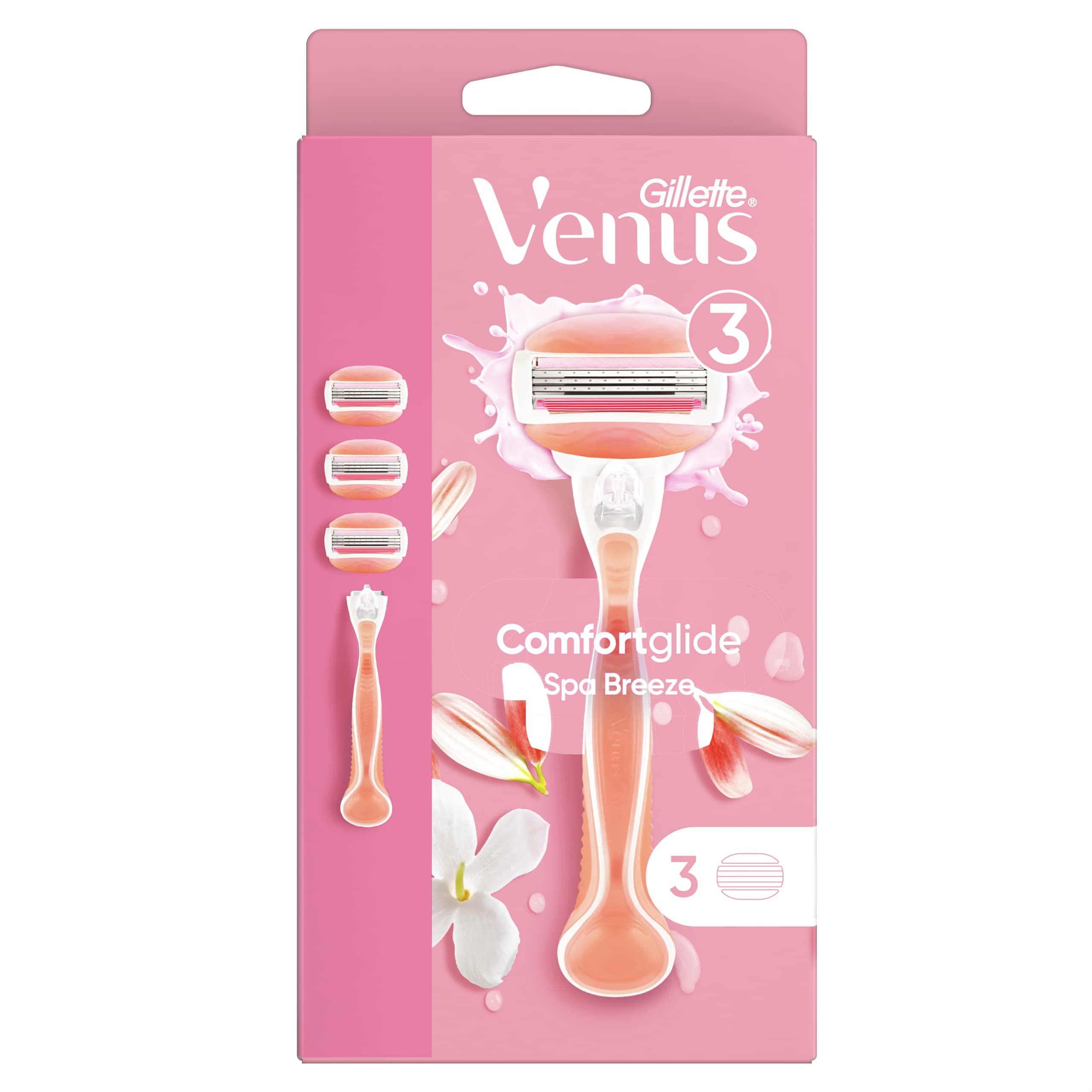 gillette Venus comfortglide Spa Breeze Womens Razor +, 3 2-in-1 Razor Blade Refills, with Shaving gel Bars (Packaging May Vary)