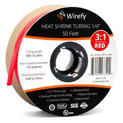 Wirefy 14 Heat Shrink Tubing - 3:1 Ratio - Adhesive Lined - Marine grade Heat Shrink - Red - 50 Feet Roll