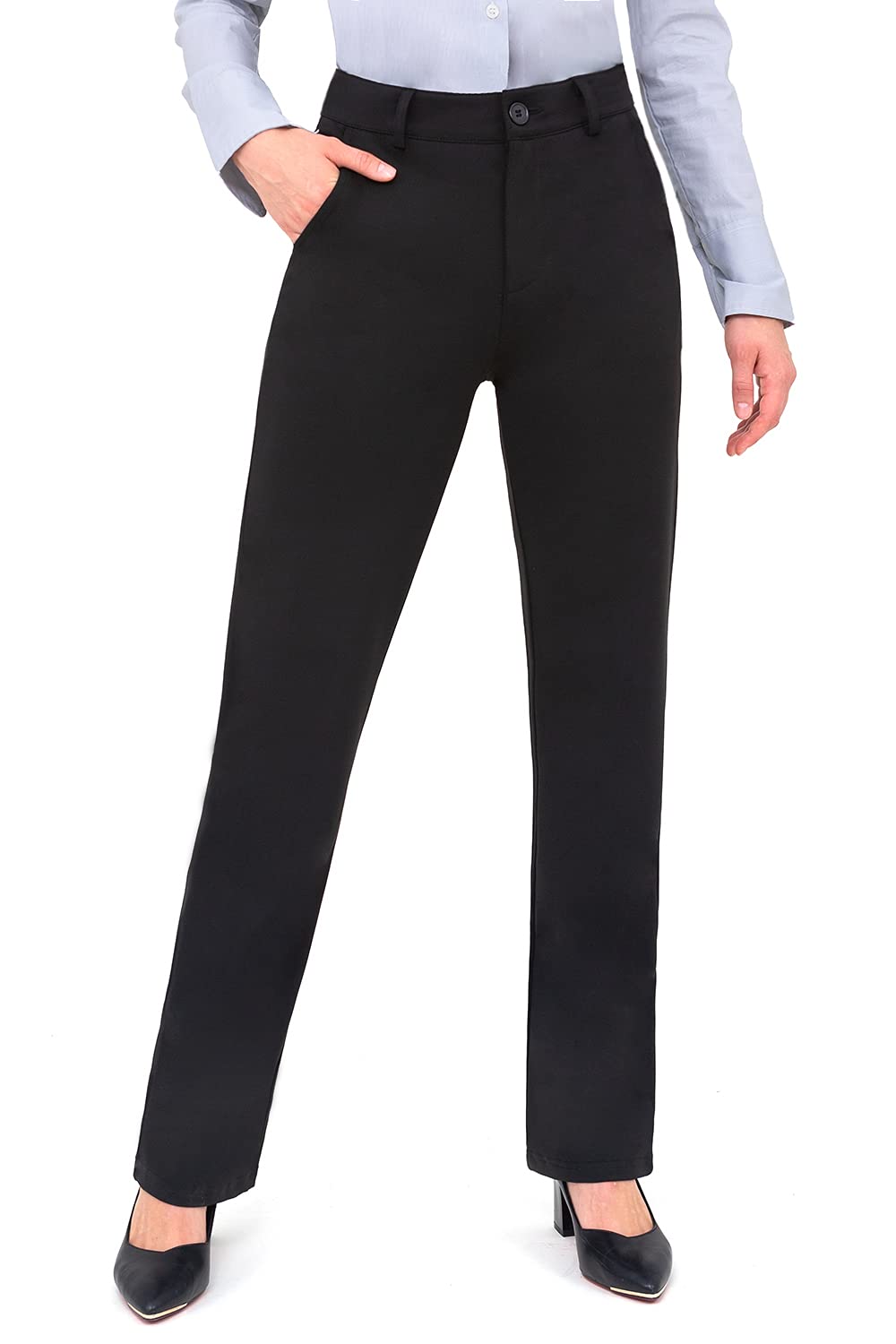 Bamans Work Pants for Women Yoga Dress Pants Straight Leg Stretch Work Pant with Pockets (Black, Small)