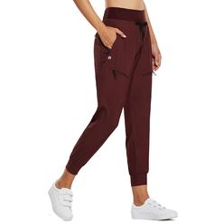 BALEAF Women's Joggers Lightweight Hiking Pants High Waist 5 Zipper Pockets Quick Dry Travel Athletic UPF50+ Red L