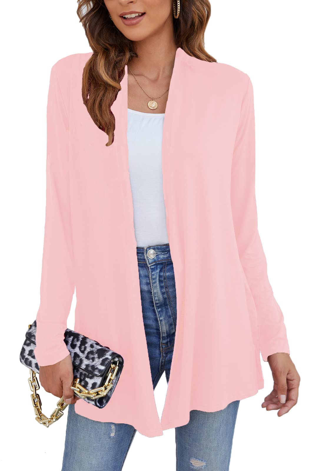 Ladlop Womens Lightweight Open Front cardigans Long Sleeve casual Soft  Drape Fall cardigan (Pink, Medium)