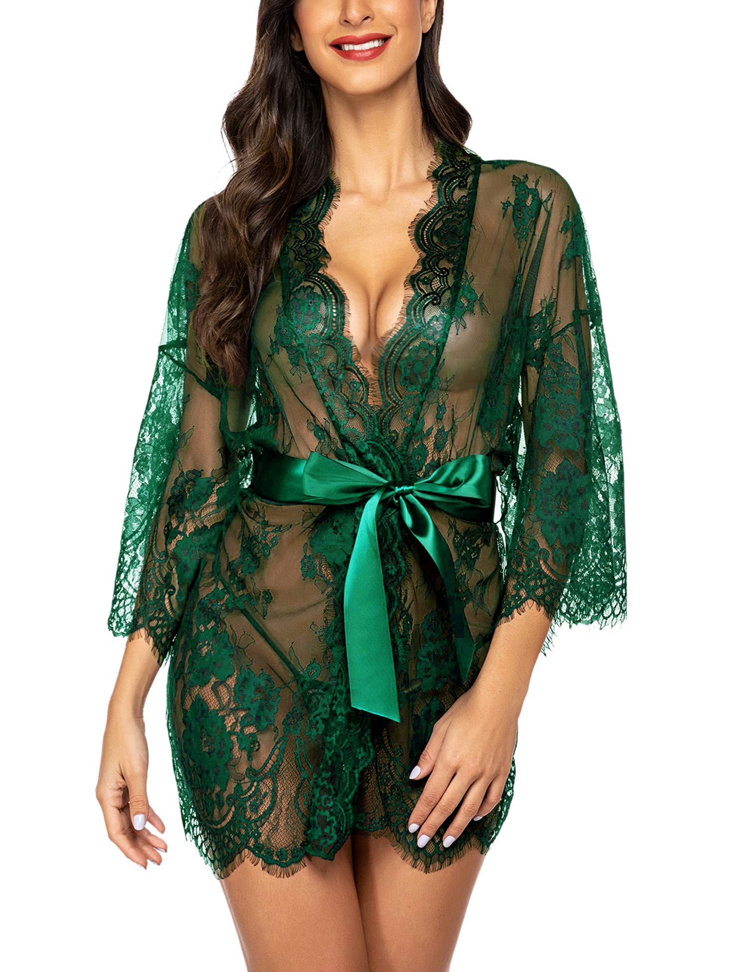 Avidlove Womens Lace Kimono Robe Babydoll Lingerie Mesh Nightgown S-4XL  (Dark green, 4X-Large)