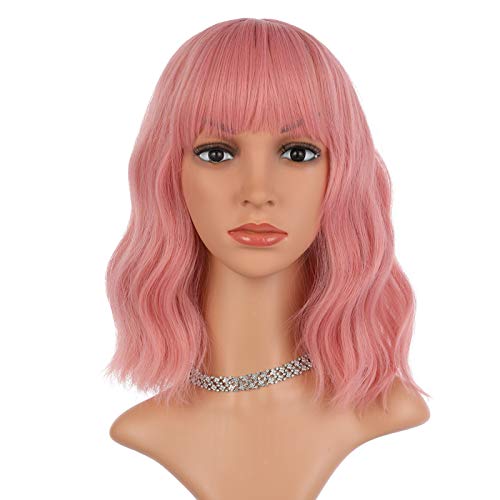 eNilecor Pink Wig, Short Colorful Synthetic Curly Pastel Wigs with Air Bangs for Women(14"Pink)