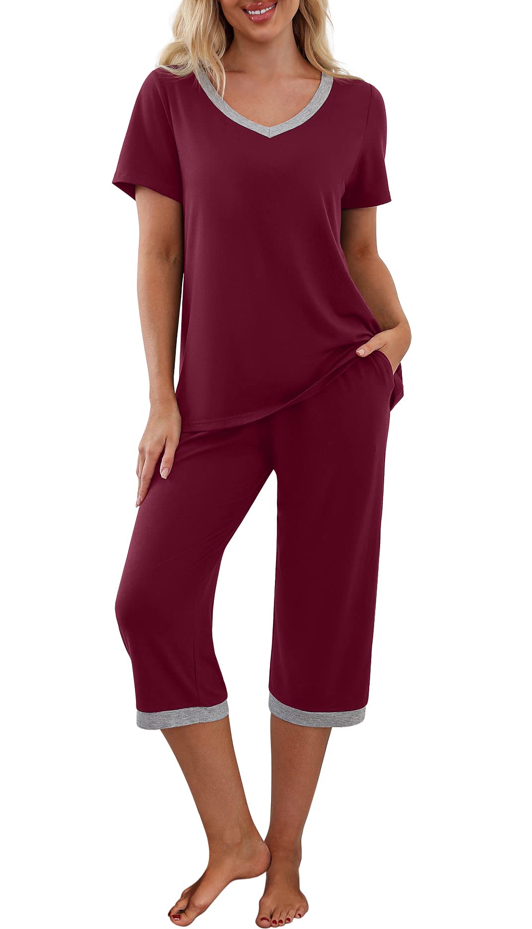 PrinStory Womens Pajama Set Short Sleeve Shirt and capri Pants Sleepwear  Pjs Sets with Pockets Wine Red-Large