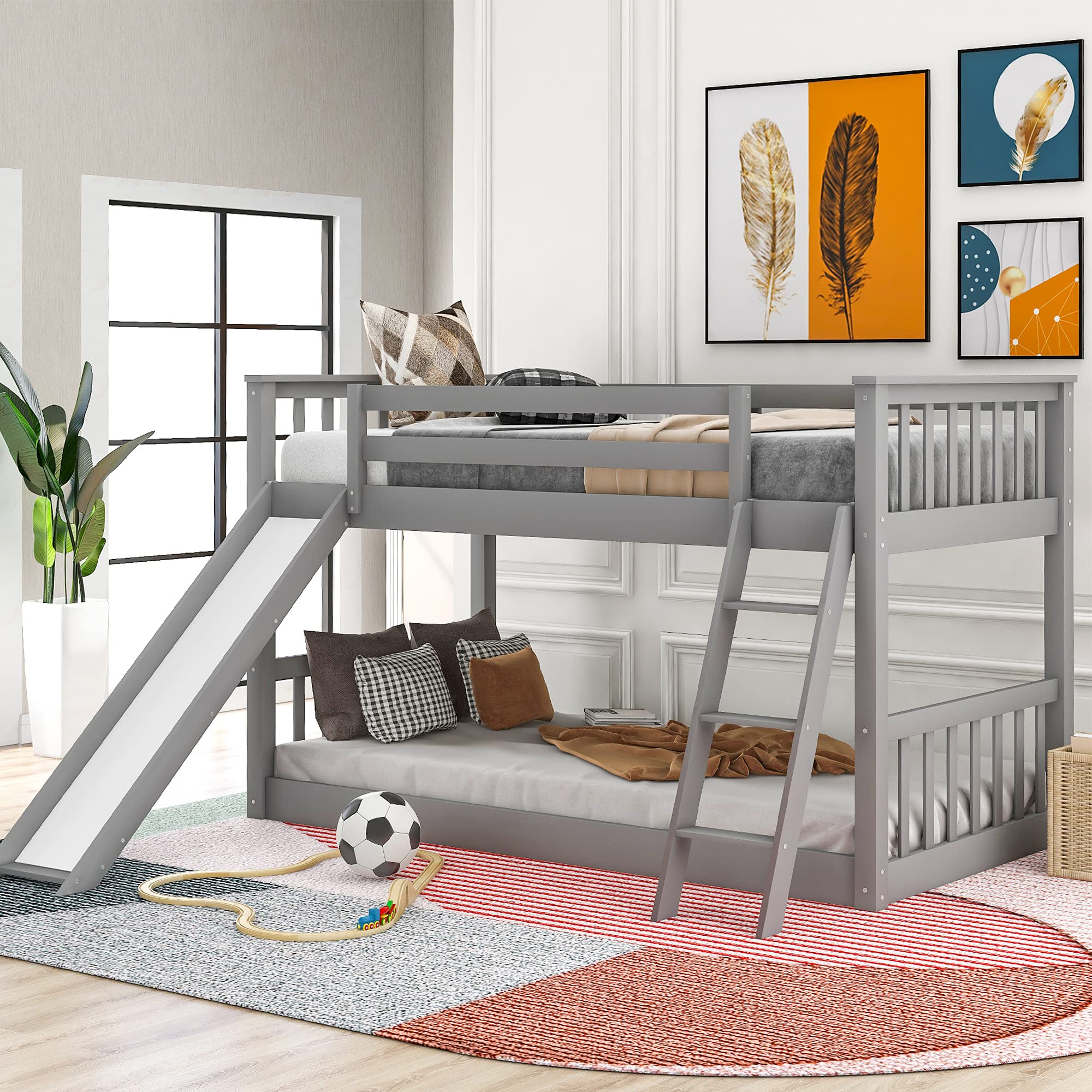 Bellemave Wooden Bunk Beds for Girls Boys, Twin Over Twin Bunk Bed with Slide, Low Bunk Bed with Slide for Kids, Bunk Beds with 