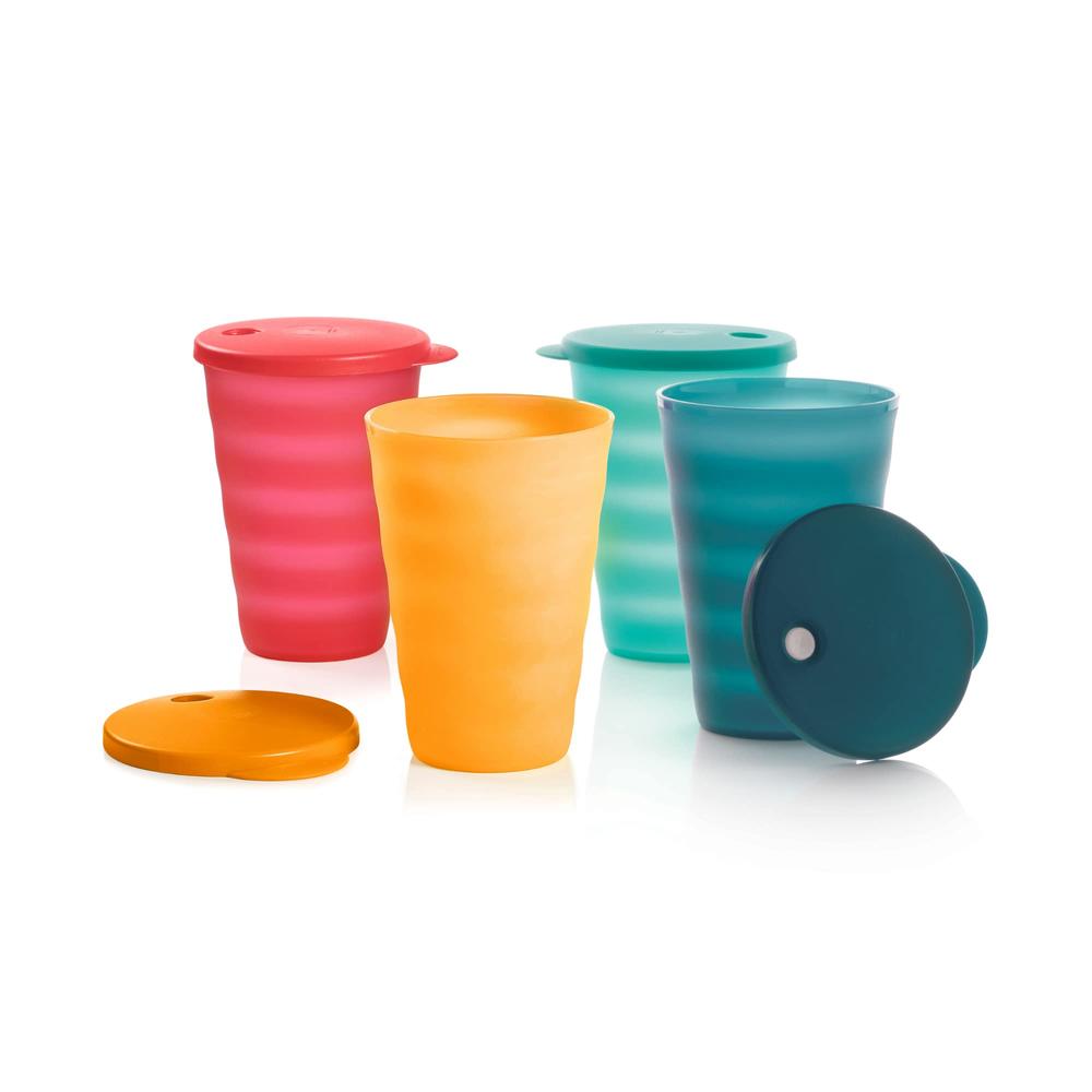 Tupperware Brand Impressions 16 oz Tumblers - Set of 4 - Dishwasher Safe & BPA Free - Mess-Free Reusable Plastic Cups with Lids