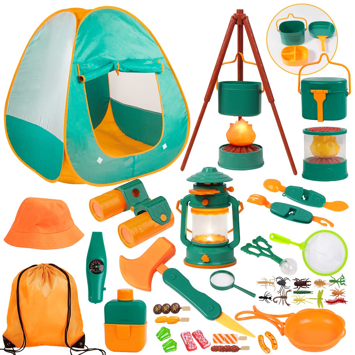 Meland Kids camping Set with Tent 30pcs - Outdoor campfire Toy Set for  Toddlers Kids Boys girls - Pretend Play camp gear