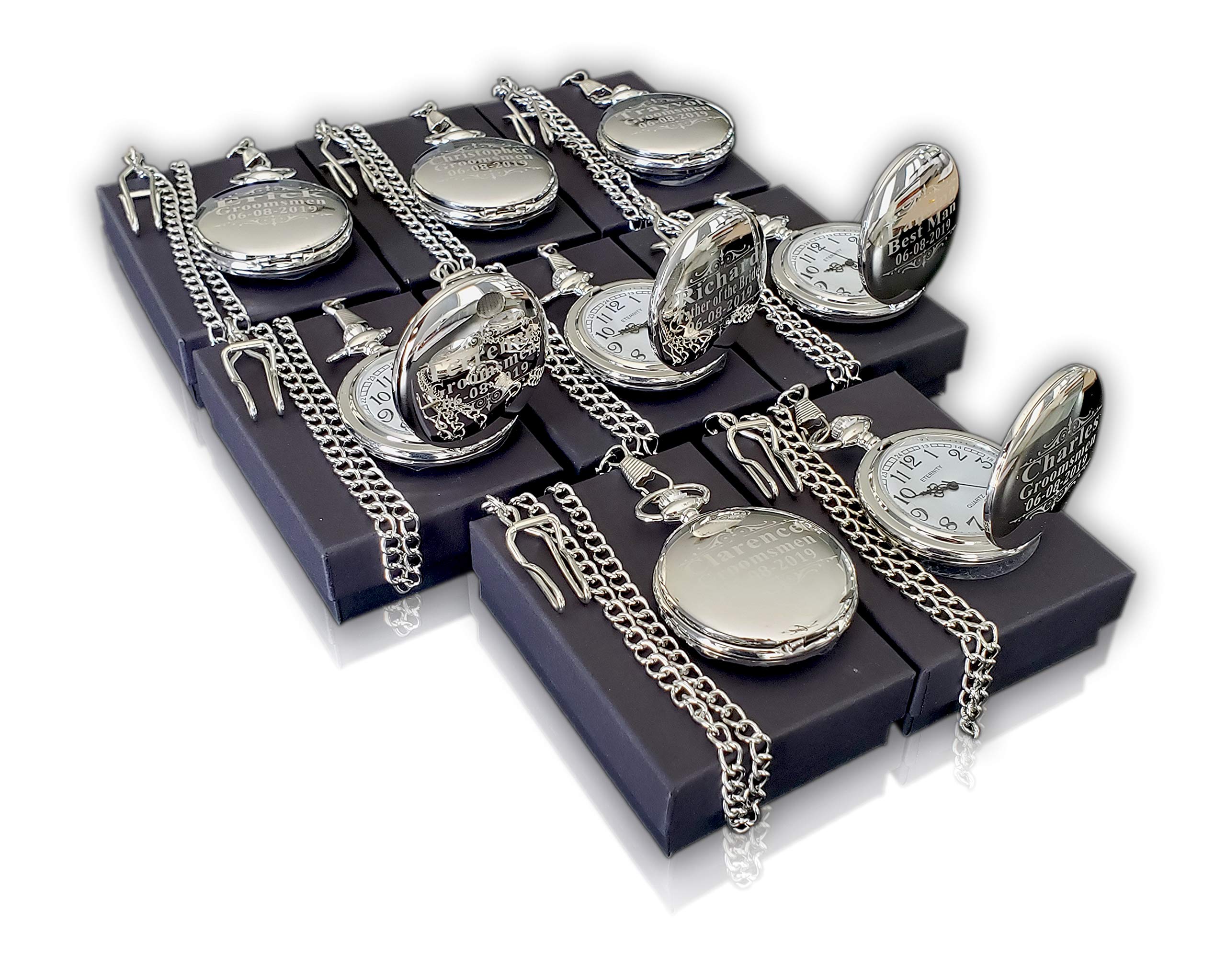 Eternity Engraving inc 8 Engraved Pocket Watches custom Fitted Box Included, Buckle chain, Engraving Included Pocket Wat