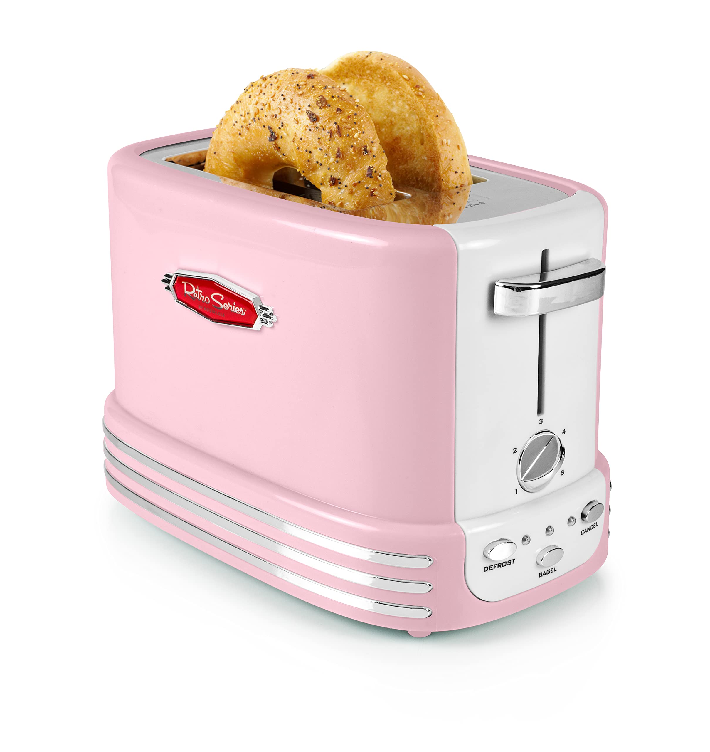 Nostalgia Retro Wide 2-Slice Toaster, Vintage Design With crumb Tray, cord Storage & 5 Toasting Levels, Pink