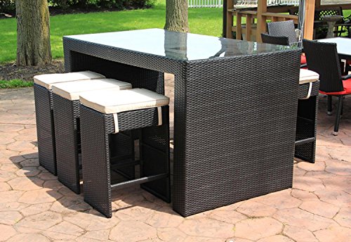 cc Outdoor Living 7-Piece Black Resin Wicker Outdoor Furniture Bar Dining Set - Red cushions