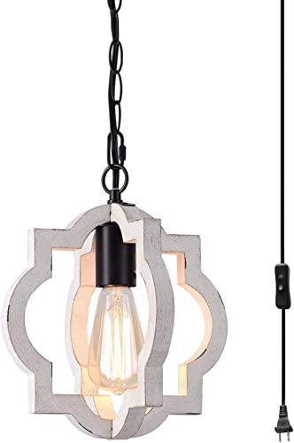 Vivihobb 1-Light Farmhouse Plug in Pendant Light,Wood Hanging Light with 164FT cord with Switch,Hand-Painted Distressing White Finish,for