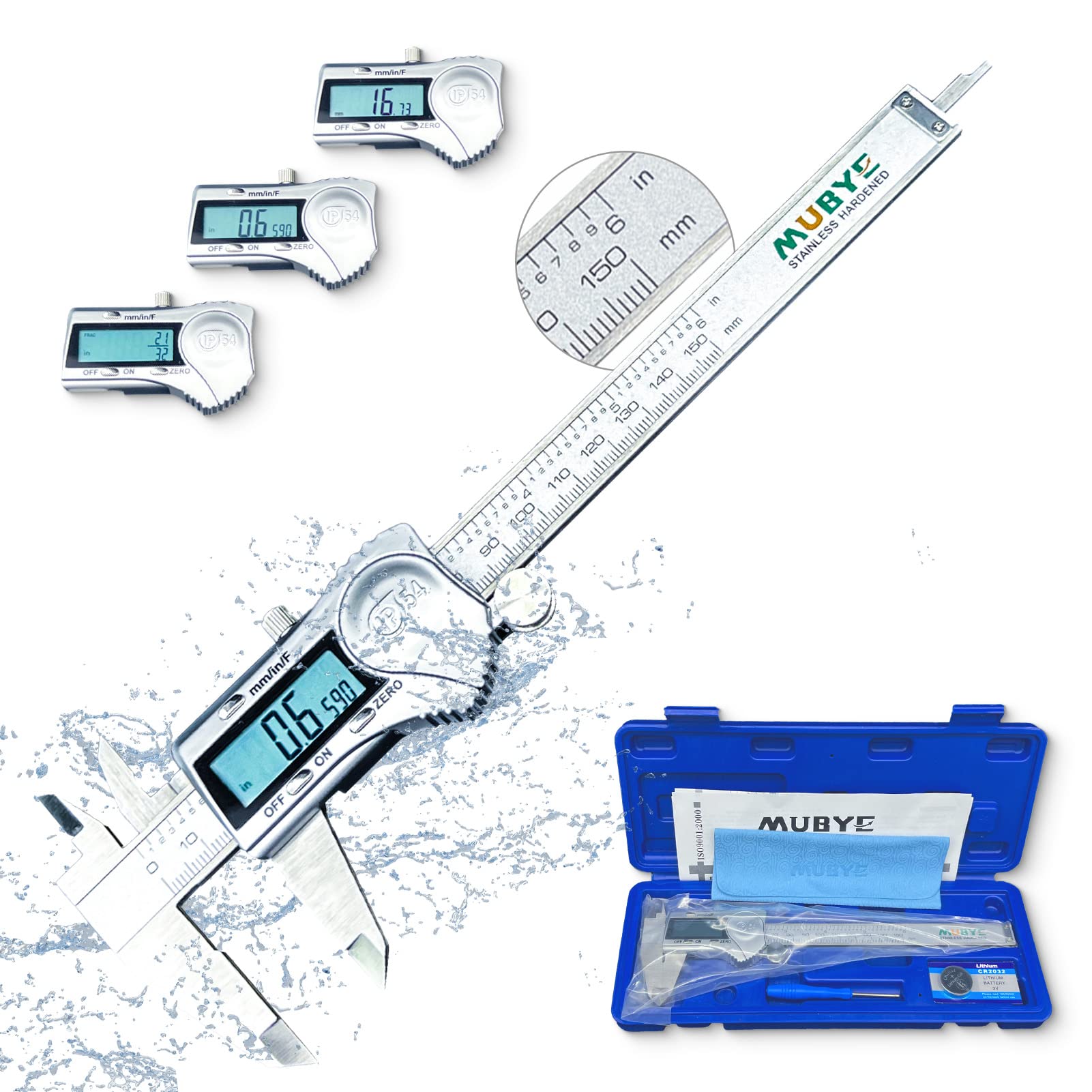 MUBYE Digital Caliper Micrometer Measuring Tool - 6 Inch 150Mm Stainless Steel Electronic Vernier Calipers, Ip54 Waterproof Protection