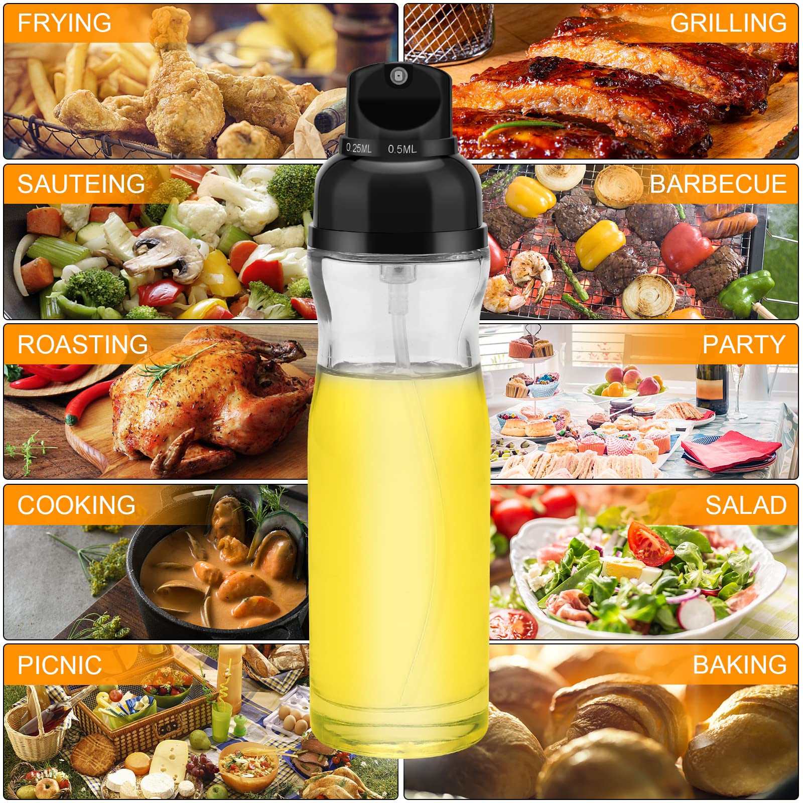 Honbuty 200ml Glass Olive Oil Sprayer for Cooking - Oil Dispenser Bottle Spray Mister - Refillable Food Grade Oil Vinegar Spritzer Spray
