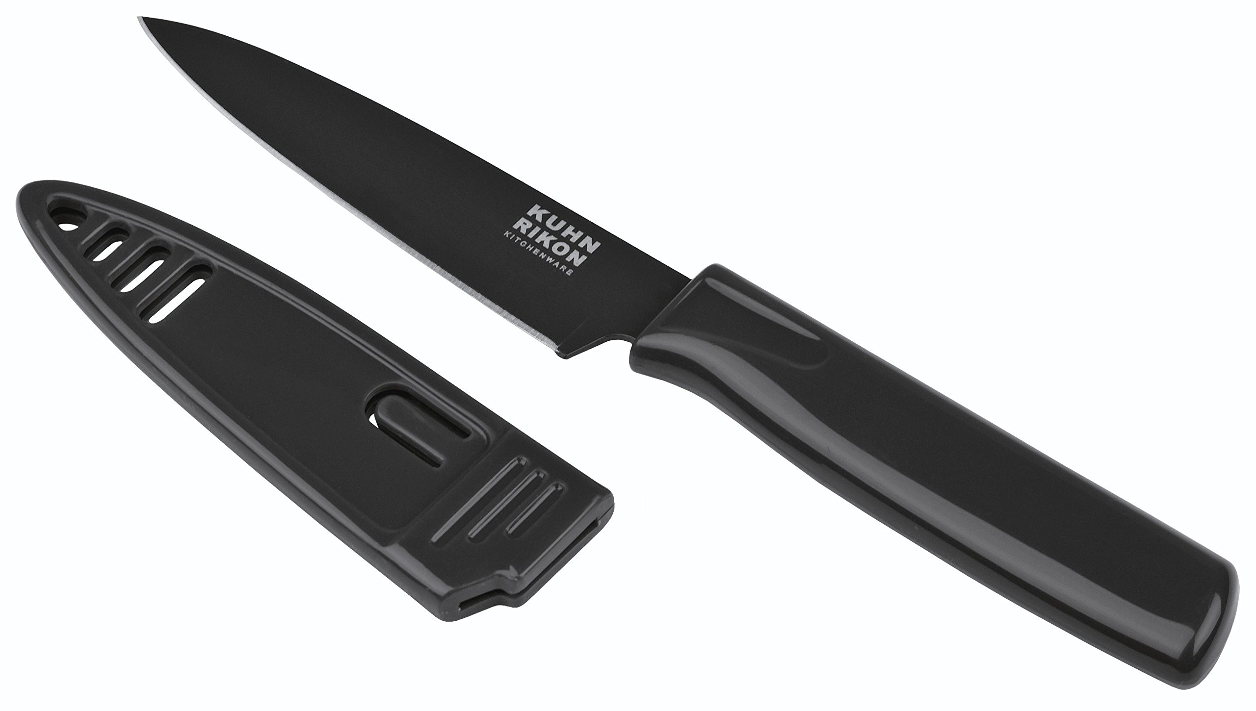 Kuhn Rikon Straight Paring Knife with Safety Sheath, 4 inch/10.16 cm Blade, Black