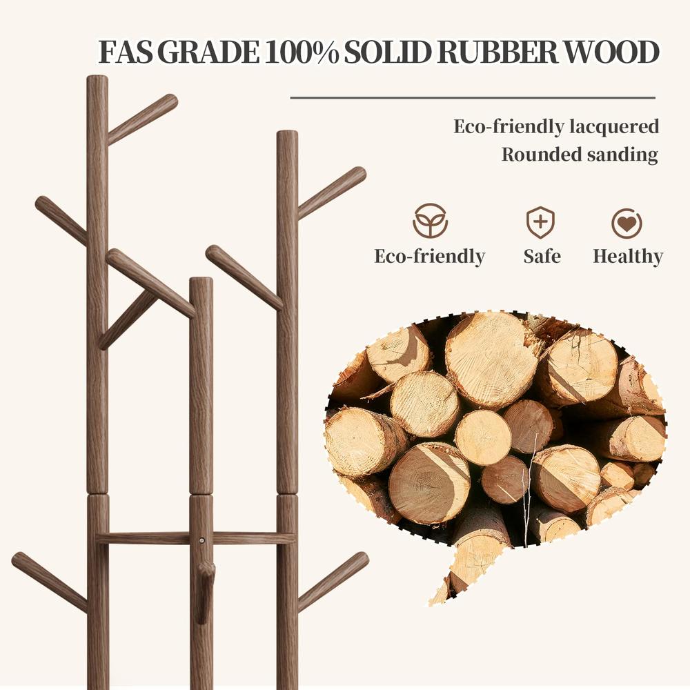 KASLANDI KungFuWood Rotary Coat Rack, Wooden Coat Rack Freestanding with 3 Shelves and 9 Hooks, Coat Tree, Sturdy and Easy Assembly Coat 