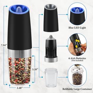 Gravity Electric Salt And Pepper Grinder Set – Automatic, Adjustable Coarseness, Blue LED, Stainless Steel (2-Pack)