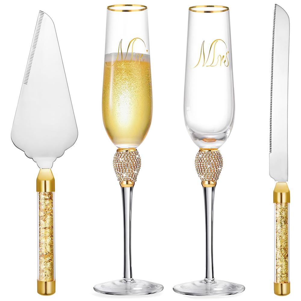 Parihy 4 Pieces Wedding Toasting Flutes and Cake Server Set, Mr and Mrs Bride and Groom Champagne Flutes Glasses, Gold Cake Cutting Set