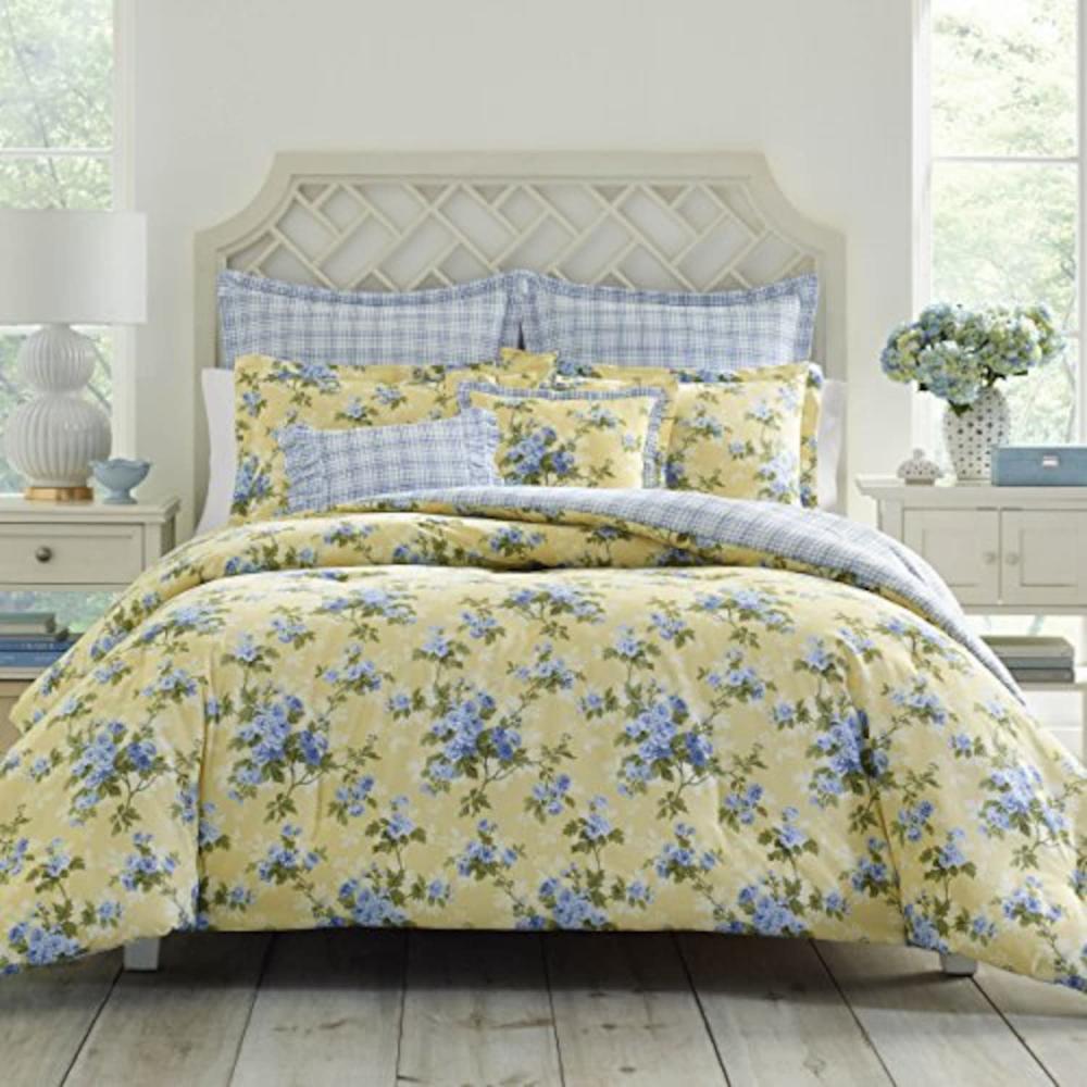 Laura Ashley Home Laura Ashley - King Comforter Set, Cotton Reversible Bedding, Includes Matching Shams with Bonus Euro Shams & Throw Pillows (Cas