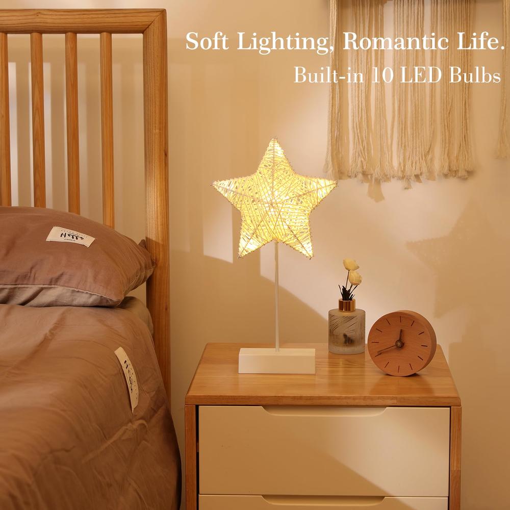 Lewondr Decorative Table Lamp, Christmas Star Night Lamp Winding Cotton Thread Warm LED Light Lamp for Bedroom, Battery Operated