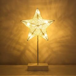 Lewondr Table Lamp, Battery Powered Star Shape Bedside Light Desk Lamp LED Christmas Decorative Lamp Winding Iron Frame Plastic