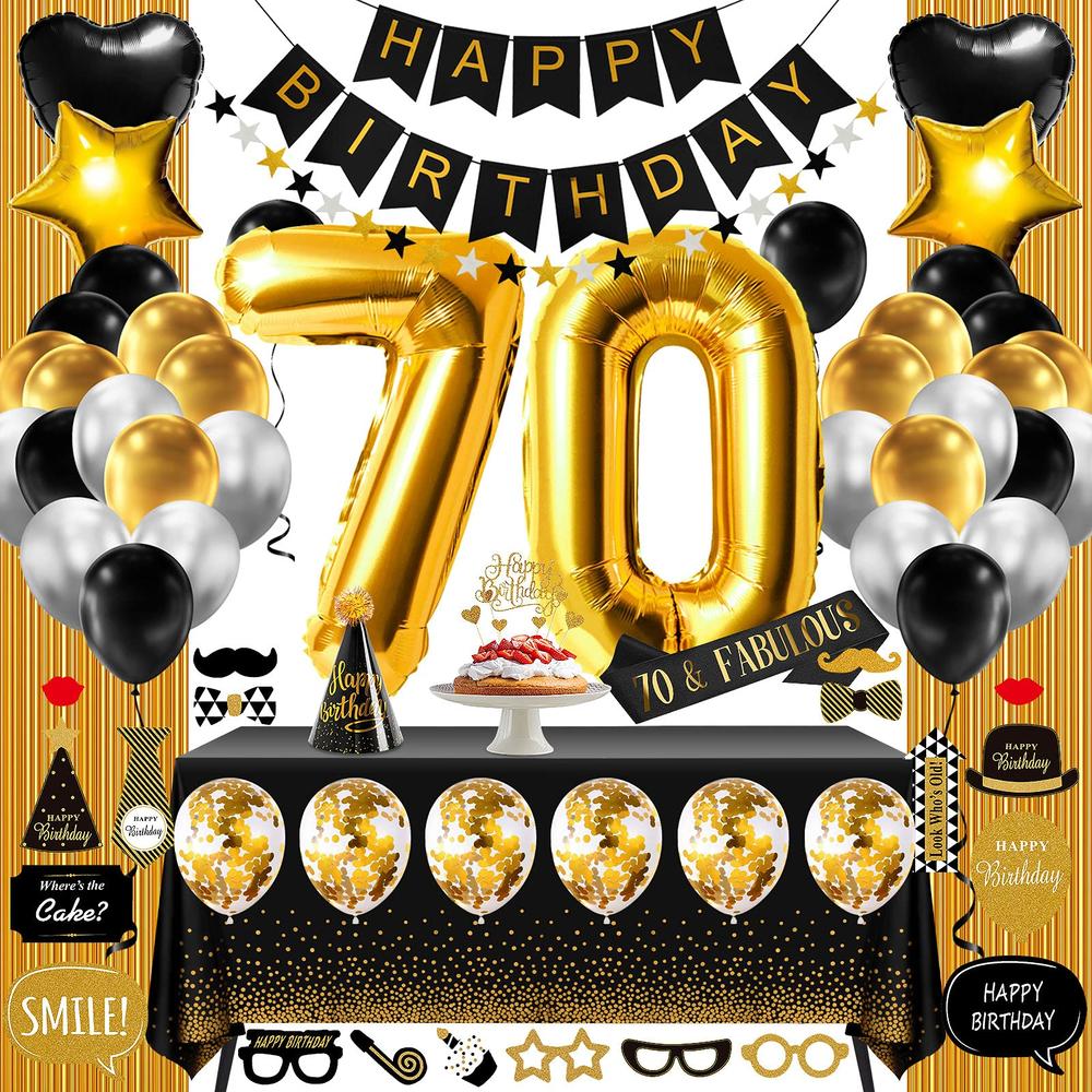 ERTREE 70th Birthday Decorations for Women Or Men Black & Gold, 70 Birthday Party Supplies Gifts for Her (Him) Including Happy Birthday
